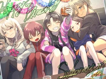 5girls ahoge asahi_breweries awa_subaru ayataka_syumimi beer_can black_pants black_shirt black_sweater blue_shirt blush brand_name_imitation breasts brown_eyes brown_hair can cheek_squash clenched_teeth closed_eyes closed_mouth commentary cup drink_can earclip ebizuka_tomo girls_band_cry grey_eyes grey_hair grey_hoodie hair_between_eyes happy_birthday highres holding holding_can holding_cup hood hoodie hug hugging_object iseri_nina jacket kawaragi_momoka large_breasts long_hair long_hair_between_eyes long_sleeves low_twintails lower_teeth_only mole mole_under_eye multicolored_hair multiple_girls open_mouth pants parted_bangs pillow pillow_hug purple_jacket purple_shorts red_eyes red_jacket red_pants roots_(hair) rupa_(girls_band_cry) shirt short_hair short_twintails shorts sitting striped_clothes striped_jacket striped_shorts sweater teeth togenashi_togeari twintails white_shirt yuri