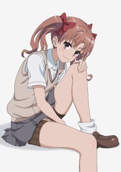 1girl bow brown_eyes brown_hair brown_shoes brown_sweater_vest closed_mouth collared_shirt grey_skirt hair_bow hand_on_own_knee highres holster kippei knee_up loafers long_hair looking_at_viewer miniskirt pleated_skirt red_bow school_emblem school_uniform shirai_kuroko shirt shoes short_sleeves sitting skirt smile solo summer_uniform sweater_vest thigh_holster toaru_kagaku_no_railgun toaru_majutsu_no_index tokiwadai_school_uniform twintails v-neck white_shirt