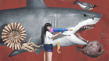 1girl 2025 absurdres anglerfish armald0 bird commentary dated fish highres holding holding_water_gun nautilus_(animal) open_mouth original penguin red_background round_eyewear seahorse shark sharp_teeth shorts teeth water_gun