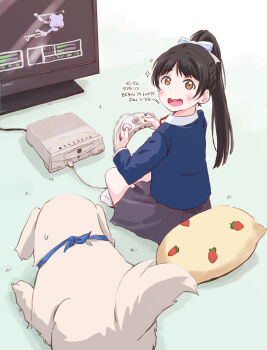 1girl animal apple_pippin blue_jacket blush bow brown_eyes chibi_(love_live!_superstar!!) controller cushion dog food_print from_behind fruit_print game_console game_controller hair_bow hazuki_ren high_ponytail highres holding holding_controller holding_game_controller indian_style jacket looking_back love_live! love_live!_superstar!! maruyo open_mouth playing_games ponytail round_teeth sitting skirt socks solo sparkle strawberry_print sweatdrop teeth television