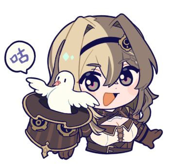 bird breasts brown_corset brown_gloves brown_hair chibi chibi_only cleavage corset gloves grey_eyes hair_intakes hat holding holding_unworn_clothes holding_unworn_hat honkai_(series) honkai_impact_3rd large_breasts light_brown_hair magic_trick multicolored_hair official_art open_mouth speech_bubble top_hat two-tone_hair unworn_hat unworn_headwear upper_body vill-v white_background white_bird