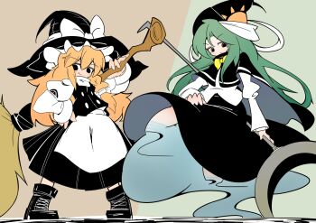 Rule 34 | 2girls, apron, black boots, black capelet, black hat, black shirt, black skirt, blonde hair, boots, bow, bowtie, braid, broom, buttons, capelet, closed mouth, crescent, double-breasted, full body, ghost tail, green eyes, green hair, grey background, hand on own hip, hat, hat bow, hat ribbon, highres, holding, holding staff, juliet sleeves, kirisame marisa, long hair, long skirt, long sleeves, looking at viewer, mima (touhou), multiple girls, numa frog, parted bangs, puffy sleeves, ribbon, shirt, side braid, simple background, skirt, smug, staff, sun print, touhou, touhou (pc-98), very long hair, vest, white apron, white bow, white ribbon, white shirt, witch hat, wizard hat, yellow bow, yellow bowtie