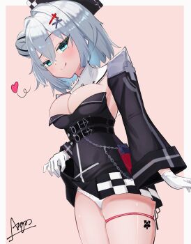 1girl :q argar_demo azur_lane black_hair black_jacket black_skirt blue_eyes blush breasts cleavage cleavage_cutout clothes_lift clothing_cutout commentary_request cross_hair_ornament from_below gloves hair_between_eyes hair_bun hair_ornament hairclip heart highres hip_focus jacket jade_(azur_lane) leg_tattoo lifting_own_clothes long_sleeves looking_at_viewer looking_down medium_breasts medium_hair miniskirt multicolored_hair no_bra panties pleated_skirt presenting seductive_smile skin_tight skindentation skirt skirt_lift smile solo streaked_hair tattoo teasing thigh_strap thighs tongue tongue_out two-tone_hair underwear white_gloves white_hair white_panties wide_sleeves x_hair_ornament