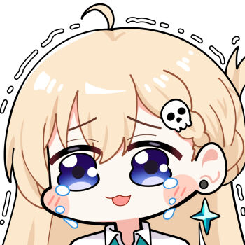 1girl ahoge blonde_hair blue_eyes chibi chibi_only commentary earrings hair_ornament highres jewelry long_hair lynae_(wuthering_waves) open_mouth portrait simple_background skull_hair_ornament smile solo star_(symbol) star_earrings sticker_(medium) tearing_up trembling twomoon white_background wuthering_waves