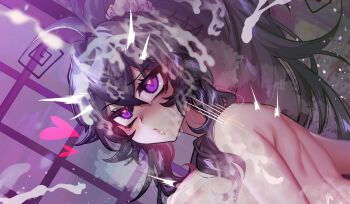 Rule 34 | 1girl, ahoge, blush, breasts, bukkake, commentary, crawling dreams, crossed bangs, cum, cum on hair, double-parted bangs, english commentary, from side, hair between eyes, heart, heart-shaped pupils, highres, huge breasts, long hair, looking at viewer, nude, nyarla (osiimi), osiimi, paid reward available, parted lips, ponytail, purple eyes, purple hair, solo, steaming body, symbol-shaped pupils, twitching, upper body