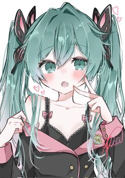 1girl :o aqua_eyes aqua_hair blush bra butterfly_hair_ornament collarbone commentary_request hair_ornament hatsune_miku hatsune_miku_(honey_whip) highres lace lace-trimmed_bra lace_trim long_hair off_shoulder red_nails ria_art simple_background solo twintails underwear vocaloid w