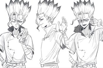 1boy anger_vein bandaged_arm bandages belt commentary_request cracked_skin dr._stone facial_mark gradient_hair greyscale hand_on_own_hip highres ishigami_senkuu looking_at_viewer male_focus monochrome multicolored_hair multiple_views one_eye_closed open_mouth simple_background smile spiked_hair upper_body veins wa_wawa_ii white_background