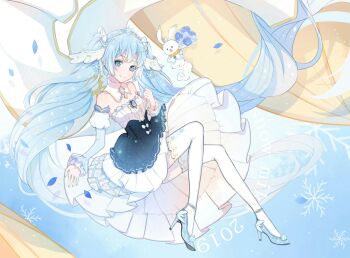 Rule 34 | 1girl, 2019, absurdly long hair, aircraft, animal, bare shoulders, black skirt, blue eyes, blue gem, blue hair, blue shoes, blue sky, blue sleeves, bow, bow button, brooch, chest jewel, circle skirt, closed mouth, clothed animal, collar, commentary, day, detached collar, detached sleeves, dot nose, eyelashes, falling petals, floating, floating clothes, floating hair, frilled shirt, frilled skirt, frilled sleeves, frills, full body, gem, hair ornament, happy, hatsune miku, high-waist skirt, high heels, hoop skirt, hot air balloon, jewelry, layered sleeves, light blush, long hair, long sleeves, looking at viewer, medium skirt, miqing, outdoors, petals, print thighhighs, puffy short sleeves, puffy sleeves, rabbit yukine, shirt, shoes, short over long sleeves, short sleeves, sitting, skirt, sky, sleeves past wrists, smile, snowflake print, stiletto heels, strapless, strapless shirt, tareme, thighhighs, tiara, twintails, vertical-striped sleeves, very long hair, vocaloid, wavy hair, white bow, white collar, white rabbit (animal), white shirt, white sleeves, white thighhighs, wing hair ornament, yuki miku, yuki miku (2019)