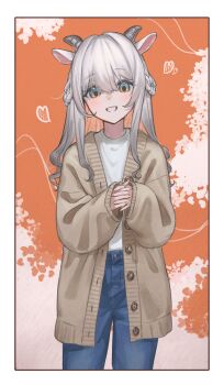 1girl animal_ears black_horns blue_eyes blue_pants blush border brown_cardigan cardigan colored_inner_hair commentary_request cowboy_shot fingernails grey_hair hair_between_eyes heart highres horns long_sidelocks long_sleeves multicolored_eyes multicolored_hair nail_polish open_cardigan open_clothes orange_eyes orange_hair orange_nails original own_hands_together pants partial_commentary shirt sidelocks smile solo standing teeth two-tone_eyes two-tone_hair uito_yzwa white_border white_shirt