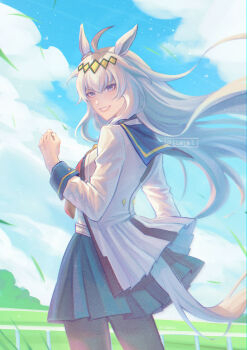 1girl absurdres ahoge animal_ears blue_eyes blue_sailor_collar blue_skirt blue_sky breasts brooch cloud diamond_hairband ear_ornament elwenz grey_hair grey_tail hair_between_eyes hair_ornament hairband highres horse_ears horse_girl horse_tail jacket jewelry long_hair long_sleeves looking_at_viewer multicolored_hair neckerchief oguri_cap_(starlight_beat)_(umamusume) oguri_cap_(umamusume) open_mouth outdoors pantyhose red_neckerchief sailor_collar shirt skirt sky smile solo star_brooch tail umamusume umamusume:_cinderella_gray white_jacket white_shirt