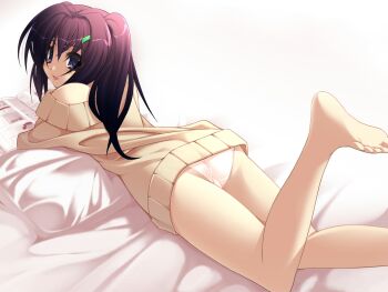 1girl ass bare_shoulders barefoot bed blue_eyes blush book character_request feet female_focus hair_ornament hairclip highres holding holding_book legs_up long_hair looking_back lying ninozen on_stomach open_book panties pantyshot pillow purple_hair reading reference_work simple_background solo source_request sweater the_pose third-party_source underwear white_background white_panties