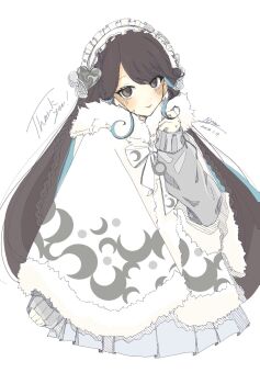 1girl blue_hair blush braid brown_eyes brown_hair cape closed_mouth commentary_request crescent dated dress english_text fur-trimmed_cape fur_trim grey_dress hair_ornament hairband heart heart_hair_ornament highres lolita_fashion lolita_hairband long_sleeves looking_at_viewer multicolored_hair nyunn1117 original pleated_dress rolling_girl_(vocaloid) second-party_source shirt signature simple_background sleeveless sleeveless_shirt solo streaked_hair thank_you toosenbo_(vocaloid) two-tone_hair unknown_mother_goose_(vocaloid) white_background white_cape