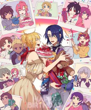 6+boys 6+girls athrun_zala birthday birthday_cake blonde_hair blue_eyes blue_hair blush bouquet brown_eyes brown_hair cagalli_yula_athha cake closed_eyes confetti dark-skinned_male dark_skin dearka_elsman dress english_text flower food gift green_eyes grey_eyes grey_hair gundam gundam_seed gundam_seed_destiny gundam_seed_freedom halo happy_birthday haro hat holding holding_bouquet jacket kira_yamato kkomcce lacus_clyne ledonir_kisaka lenore_zala long_hair lunamaria_hawke medium_hair meer_campbell meyrin_hawke miriallia_haw multiple_boys multiple_girls multiple_views necktie nicol_amafli open_mouth party party_hat party_popper patrick_zala pink_hair ponytail purple_eyes red_eyes shinn_asuka shirt short_hair smile sweatdrop yzak_joule