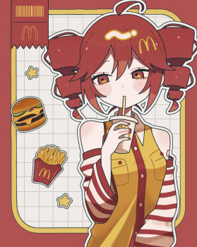 1girl absurdres ahoge bare_shoulders blush_stickers border burger buttons collared_shirt commentary contrast_collar cup detached_sleeves disposable_cup double-parted_bangs drill_hair drinking drinking_straw food french_fries grid_background highres holding holding_cup kasane_teto long_sleeves mcdonald&#039;s okayu_(cwtv7823) outside_border red_border red_eyes red_hair red_sleeves shirt short_hair sleeveless sleeveless_shirt solo striped_sleeves twin_drills upper_body utau white_background yellow_shirt