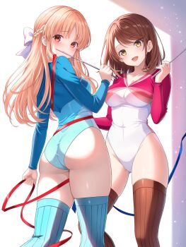 2girls athletic_leotard blonde_hair blue_thighhighs breasts brown_eyes brown_hair brown_thighhighs commentary_request commission covered_navel feet_out_of_frame girlfriend_(kari) half_updo highleg highleg_leotard highres leotard long_hair long_sleeves medium_breasts multiple_girls netarou_(shinra) pixiv_commission red_eyes ribbon ribbon_baton sasahara_nonoka shiina_kokomi short_hair smile thighhighs