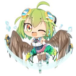 Rule 34 | 1girl, :d, ahoge, bird legs, black corset, boots, breasts, brown shorts, brown wings, buttons, cape, character request, chibi, commentary request, corset, feathered wings, frilled shirt collar, frills, full body, green hair, harpy, headphones, hop step jumpers, lets0020, looking at viewer, medium bangs, medium breasts, monster girl, musical note, one eye closed, open mouth, pink sash, sash, shirt, short hair, shorts, simple background, sleeveless, sleeveless shirt, smile, solo, staff (music), teeth, transparent background, upper teeth only, waist cape, white cape, white footwear, white shirt, winged arms, wings, yellow eyes