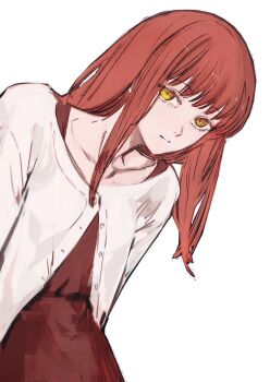 1girl blouse buttons chainsaw_man collarbone dress hair_down head_tilt highres leaning_forward light_smile long_hair looking_at_viewer makima_(chainsaw_man) moku_(muooku) raised_eyebrows red_dress red_hair ringed_eyes shirt sidelocks simple_background solo upper_body white_background white_shirt yellow_eyes