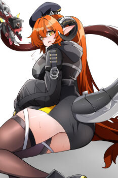 1girl ass beret black_hat black_hoodie black_thighhighs breasts caseee999 commentary_request dragon_girl dragon_horns dragon_tail green_eyes hat highres hood hoodie horns large_breasts long_hair looking_at_viewer magus_(zenless_zone_zero) open_mouth orange_hair orphie_magnusson pointy_ears shorts solo tail thighhighs twintails very_long_hair yellow_shorts zenless_zone_zero zettai_ryouiki