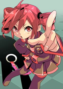 1girl :o ahoge bare_shoulders black_legwear black_shirt black_skirt black_sleeves breast_pocket cel_shading commentary contrapposto detached_sleeves drill_hair foreshortening from_above hair_tie hand_on_own_hip index_finger_raised kasane_teto kasane_teto_(utau) maki_(nasulily) miniskirt open_mouth pleated_skirt pocket pointing pointing_at_viewer red_eyes red_hair shadow shirt short_hair skirt solo standing tile_floor tiles twin_drills utau v-shaped_eyebrows