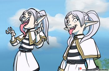 Rule 34 | blank stare, blue sky, commentary, elf, english commentary, frieren, grey hair, hands up, highres, laughing, pale skin, pointy ears, sharp teeth, sky, sousou no frieren, teeth, tongue, tongue out, voodoo monkey