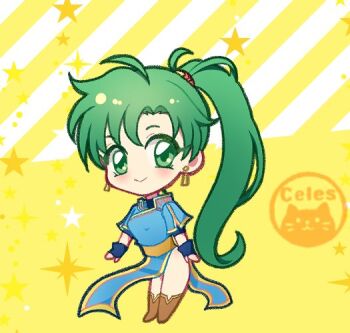 1girl blue_dress cf_wing dress earrings fingerless_gloves fire_emblem fire_emblem:_the_blazing_blade gloves green_eyes green_hair high_ponytail jewelry long_hair lyn_(fire_emblem) nintendo pelvic_curtain ponytail rope_belt side_slit