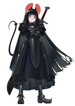 1girl absurdres animal_ears armor armored_boots armored_dress black_armor black_boots black_dress black_eyes black_hair blind_eye boots closed_mouth commentary dress english_commentary fantasy frown full_body gauntlets gemi_ningen greatsword heterochromia highres knight long_hair looking_at_viewer mouse_ears mouse_girl mouse_tail original pauldrons ratkin_(rimworld) rimworld scar scar_across_eye scar_on_face shoulder_armor simple_background solo spiked_pauldrons spikes standing straight_hair sword sword_on_back tail very_long_hair weapon weapon_on_back white_background white_eyes