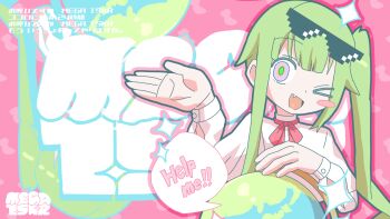 1girl absurdres blush_stickers camellia_(musician) commentary_request earth_(planet) english_text eyewear_on_head fang globe green_hair halo highres indie_utaite long_hair long_sleeves movin6! nanahira one_eye_closed planet purple_eyes red_ribbon ribbon sazunamo shirt side_ponytail single_blush_sticker smile solo sparkle speech_bubble sunglasses translation_request utaite variant_set very_long_hair white_shirt