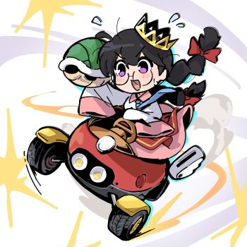 Rule 34 | 1girl, blush, bow, braid, commentary request, crown, driving, glasses, go-kart, green shell (mario), hair bow, highres, kirby (series), kirby 64, long skirt, low twin braids, mario (series), mario kart, nintendo, open mouth, poyo party, purple eyes, ripple star queen, skirt, sleeves past fingers, sleeves past wrists, smile, twin braids