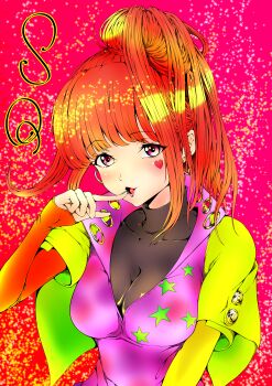 1girl absurdres blunt_bangs earrings gnosia hair_between_eyes heart heart_earrings heart_tattoo high_ponytail highres jewelry long_hair long_sleeves looking_at_viewer nail_polish nakanokouga ponytail red_eyes red_hair simple_background smile solo sq_(gnosia) tattoo upper_body