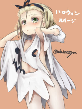 1girl akino_shuu artist_name blonde_hair character_name commentary_request ghost_costume green_eyes hairband i-504_(kancolle) kantai_collection loli luigi_torelli_(halloween)_(kancolle) luigi_torelli_(kancolle) orange_background simple_background solo twitter_username