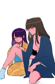 Rule 34 | 2girls, alternate costume, alternate universe, bird girl, black hair, blunt bangs, breasts, bucumberr, closed eyes, closed mouth, commentary, couple, cup, english commentary, eyeliner, from side, full body, genderswap, genderswap (mtf), genshin impact, hair down, highres, holding, holding cup, japanese clothes, kimono, large breasts, long hair, long sleeves, makeup, mole, mole under eye, multiple girls, nude, on one knee, open clothes, open robe, purple hair, raiden shogun, red eyeliner, robe, sasayuri (genshin impact), seiza, sitting, socks, white background, white socks, wide sleeves, yellow kimono, yuri