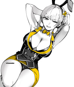 1girl animal_ears arms_behind_head bow bowtie breasts bunny_garden buttons cleavage commentary dated_commentary double-breasted dutch_angle fake_animal_ears flower grin hair_flower hair_ornament halftone highres lace lace_panties lapels large_breasts nontraditional_playboy_bunny one_eye_closed otimusyairoha panties pantyshot pencil_skirt rabbit_ears rin_(bunny_garden) simple_background skirt smile solo spot_color twitter_username underwear white_background yellow_bow yellow_bowtie yellow_flower yellow_skirt