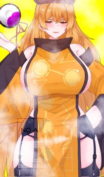 1girl blonde_hair breasts commentary garter_straps highres hirwannew huge_breasts long_hair looking_at_viewer matara_okina signature smile solo steaming_body thick_thighs thighs touhou very_long_hair yellow_background yellow_eyes