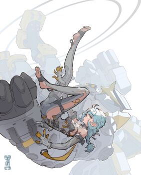 1girl 1other :o ahoge blue_eyes blue_hair bright_pupils circle clothing_cutout collar commentary commentary_request detached_sleeves english_commentary falling flower_hairpin formal_clothes from_side full_body gloves hair_ornament hairpin highres humanoid_robot joints long_hair open_mouth partial_commentary ponytail robot robot_joints see-through_dress_layer seed_(zenless_zone_zero) seed_sr. side_cutout stirrup_legwear suit thigh_cutout thigh_strap toeless_legwear toeless_socks toes upside-down user_rfde4742 white_background white_gloves white_pupils white_sleeves white_suit zenless_zone_zero