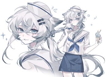1girl animal_ears arknights black_shorts blue_neckerchief closed_mouth crossed_bangs flying_sweatdrops food grey_hair grey_tail grin hair_between_eyes hashtag-only_commentary hat highres holding holding_food holding_ice_cream_cone ice_cream_cone kuraudoberi lappland_(arknights) long_hair multiple_views neckerchief sailor_collar sailor_hat scar scar_across_eye scar_on_face shirt short_sleeves shorts simple_background smile sparkle tail white_background white_hat white_sailor_collar white_shirt wolf_ears wolf_girl wolf_tail