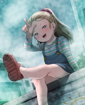 1girl apartment arm_support blue_dress blue_eyes blush born-to-die brick_wall brown_hair building cloud dress fangs fog graffiti highres konami laura_(silent_hill) leg_up long_hair long_sleeves looking_at_viewer loser_gesture mary_janes open_mouth ponytail red_shoes scrunchie shirt shoes silent_hill_(series) silent_hill_2 sitting sky skyscraper sleeveless sleeveless_dress smile striped_clothes striped_shirt tree white_shirt