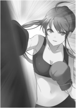 Rule 34 | 029, 1girl, ahoge, boxing, boxing gloves, boxing shorts, braid, breasts, collarbone, greyscale, hataraku maou-sama!, long hair, long sidelocks, monochrome, navel, novel illustration, official art, open mouth, outstretched arm, ponytail, punching, shorts, side braid, sidelocks, small breasts, solo, sports bra, standing, third-party source, training, upper body, v-shaped eyebrows, yusa emi