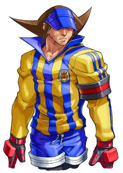 Rule 34 | 1boy, absurdres, ball, blue shorts, brown hair, collared shirt, covered eyes, cropped legs, edaki shin'ya, game cg, gloves, highres, justice gakuen, long sleeves, male focus, moero! justice gakuen, non-web source, official art, roberto miura, shirt, shorts, simple background, soccer uniform, solo, spiked hair, sportswear, striped clothes, striped shirt, visor cap, white background