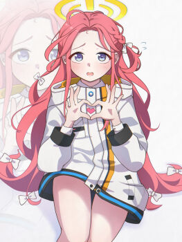 1girl absurdres ahoge blue_archive blue_eyes blush bow braid commentary cowboy_shot finger_heart flying_sweatdrops forehead hair_bow halo heart highres jacket long_hair long_sleeves looking_at_viewer makurino multiple_hair_bows open_mouth orange_halo parted_bangs red_hair shadow single_braid sitting solo thighs very_long_hair white_background white_jacket yellow_halo yuzu_(blue_archive) zoom_layer