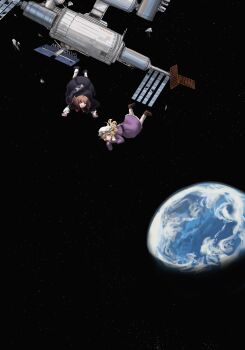 Rule 34 | 2girls, belt, black background, black capelet, black hat, blonde hair, bow, capelet, dark background, debris, dress, earth (planet), fedora, floating, floating clothes, floating hair, floating headgear, floating object, frills, hat, hat bow, hat ribbon, headgear, highres, in orbit, maribel hearn, mob cap, multiple girls, necktie, planet, purple dress, ribbon, ribbon-trimmed capelet, ribbon-trimmed skirt, ribbon trim, sky, solar panel, space, space station, spacecraft, star (sky), starry sky, there2007, torifune (touhou), touhou, trojan green asteroid, usami renko, white bow, white hat, zero gravity