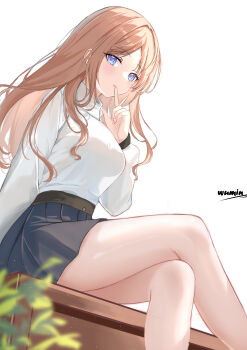 1girl absurdres arm_at_side artist_name bang_dream! bang_dream!_it&#039;s_mygo!!!!! black_skirt blue_eyes blurry blurry_foreground blush breasts brown_hair commentary_request crossed_legs feet_out_of_frame finger_to_mouth from_below hand_up high-waist_skirt highres light_smile long_hair long_sleeves looking_at_viewer looking_down medium_breasts miniskirt nagasaki_soyo parted_bangs parted_lips plant pleated_skirt sidelocks simple_background sitting skirt solo sweater sweater_tucked_in turtleneck turtleneck_sweater white_background white_sweater wumin-x