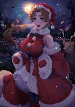 Rule 34 | 1girl, absurdres, brown hair, christmas, corosu, dress, genderswap, genderswap (mtf), gloves, green eyes, highres, looking at viewer, mole, mole under eye, moon, mushoku tensei, night, outdoors, ponytail, red gloves, reindeer, rudeus greyrat, santa costume, santa dress, sky, sled, snowing