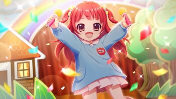 1girl :d aged_down antenna_hair arms_up blue_shirt blurry blurry_foreground cardboard_cutout child confetti cowboy_shot curtains dot_nose dutch_angle film_grain game_cg holding holding_microphone house izumi_tsubasu kindergarten_uniform lens_flare long_hair long_sleeves looking_at_viewer microphone name_tag non-web_source official_art open_mouth pink_skirt rainbow re:stage! red_eyes red_hair shirt skirt smile solo sorano_neon sparkle stage stage_curtains tree two_side_up wooden_floor