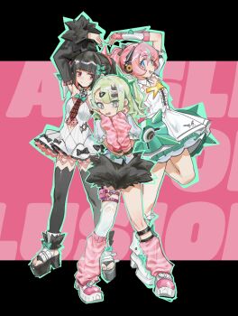 Rule 34 | 3girls, absurdres, angels of delusion, aqua streaks, aria (zenless zone zero), arm warmers, black hair, black shoes, black skirt, black thighhighs, bow, center frills, clothing cutout, dress, e0xia, earrings, fingerless gloves, frills, full body, fur-trimmed skirt, fur-trimmed sleeves, fur trim, gloves, green bow, green eyes, green hair, hashtag-only commentary, heart arms, high heels, highres, jewelry, leg warmers, mechanical ears, multicolored hair, multicolored leg warmers, multiple girls, multiple hair clips, musical note earrings, nangong yu, navel cutout, pink arm warmers, pink hair, pink leg warmers, red eyes, shirt, shoes, skirt, smile, sparkling eyes, standing, standing on one leg, streaked hair, striped arm warmers, striped leg warmers, sunna (zenless zone zero), thighhighs, white dress, white shirt, y2k fashion, zenless zone zero