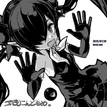 1girl backbeako_(torotei) backbeard blush breasts commentary dated dated_commentary dress dutch_angle elbow_gloves gegege_no_kitarou gloves greyscale hair_over_one_eye hair_ribbon hands_up kono_lolicon_domome long_hair looking_at_viewer monochrome neckerchief open_mouth original paid_reward_available pointy_ears ribbon simple_background sleeveless sleeveless_dress small_breasts solo sweatdrop torotei translated twintails watermark web_address white_background