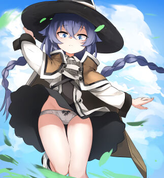 1girl absurdres blue_eyes blue_hair braid brown_cape brown_capelet cape capelet clothes_lift crossed_bangs dress dress_lift hair_between_eyes hat highres loli long_braid long_hair mushoku_tensei panties pantyshot roxy_migurdia silday solo twin_braids underwear white_panties wind wind_lift witch_hat