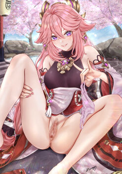 1girl absurdres animal_ears bare_legs bare_shoulders blue_sky breasts censored cherry_blossoms cherry_tree crossed_bangs detached_sleeves earrings fingernails floppy_ears fox_ears fox_shadow_puppet genshin_impact hair_between_eyes highres holding holding_panties holding_underwear holding_unworn_clothes japanese_clothes jewelry large_breasts large_variant_set leg_hold long_hair looking_at_viewer low-tied_long_hair m_legs mosaic_censoring nail_polish nontraditional_miko nori_chazuke outdoors panties parted_lips pendant pink_hair pink_nails pink_panties pond purple_eyes pussy shirt sitting sky sleeveless sleeveless_shirt smile solo spread_legs turtleneck underwear unworn_panties variant_set vision_(genshin_impact) white_shirt white_sleeves wide_sleeves yae_miko
