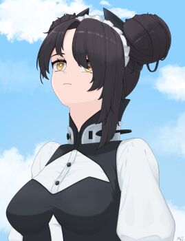 Rule 34 | 1girl, absurdres, agent (girls' frontline), black hair, black vest, cloud, cloudy sky, commentary, double bun, english commentary, girls' frontline, hair bun, hair over one eye, highres, meme, mr.something, puffy sleeves, shirt, sky, solo, upward angle frieren drawing (meme), vest, white shirt, yellow eyes