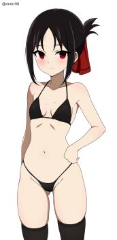 1girl absurdres arm_at_side artist_name bikini black_bikini black_hair black_thighhighs blush breasts closed_mouth collarbone dot_nose embarrassed eyebrows eyelashes feet_out_of_frame female_focus hair_ribbon hand_on_own_hip highres kaguya-sama_wa_kokurasetai_~tensai-tachi_no_renai_zunousen~ looking_at_viewer mnkr98 navel petite ponytail red_eyes red_ribbon ribbon shinomiya_kaguya short_hair short_ponytail simple_background small_breasts solo swimsuit thighhighs white_background