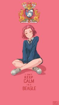 1girl absurdres black_necktie blue_skirt blue_sweater brown_eyes closed_mouth dated dress_shirt emblem english_text female_focus girls_und_panzer heraldry highres indian_style keep_calm_and_carry_on latin_text light_smile long_sleeves looking_at_viewer miniskirt necktie no_legwear pleated_skirt red_background red_hair rosehip_(girls_und_panzer) school_uniform shadow shirt shoes short_hair sitting skirt sneakers solo st._gloriana&#039;s_(emblem) st._gloriana&#039;s_school_uniform sweater useless_(gss44344) v-neck v_arms white_shirt white_shoes wing_collar